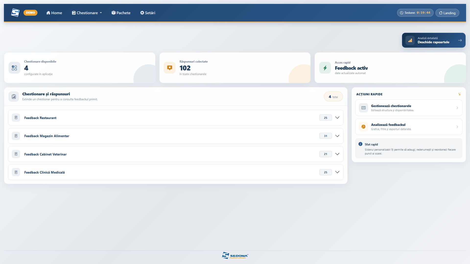 Dashboard Sedona Feedback cu chestionare și răspunsuri
